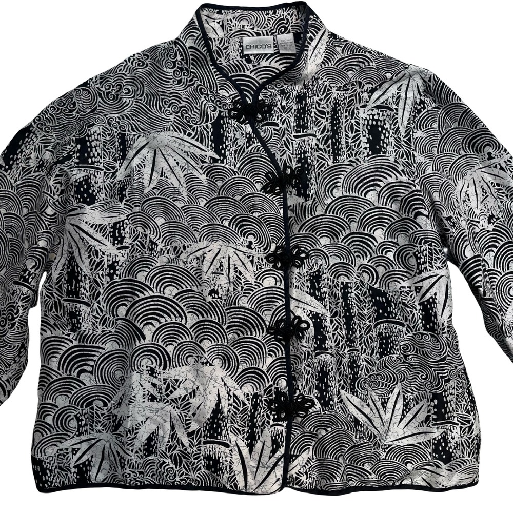 Chico's Womens Silk Jacket Black White Bamboo Wave Frog Closure Asian Style 3